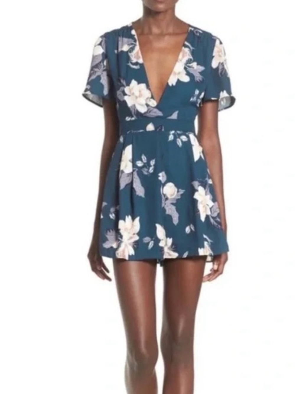 ASTR Floral Teal V-Neck Short Romper